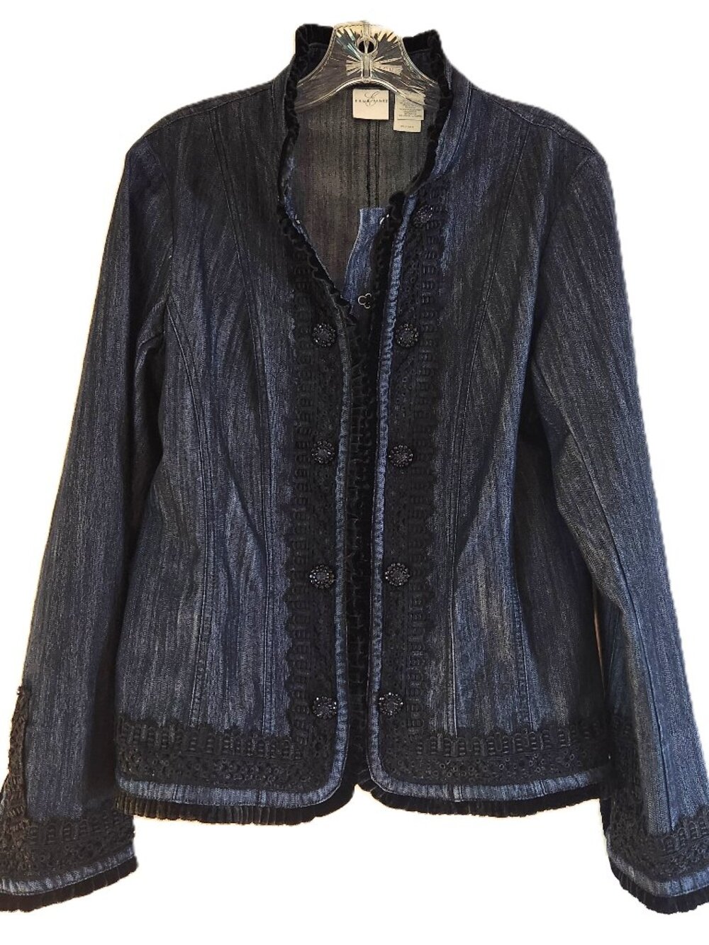 Emma James Black Denim, Velvet & Lace Trim Stretch Jacket Size 6